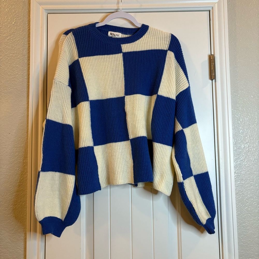 &merci Blue Checkered Knitted Sweater